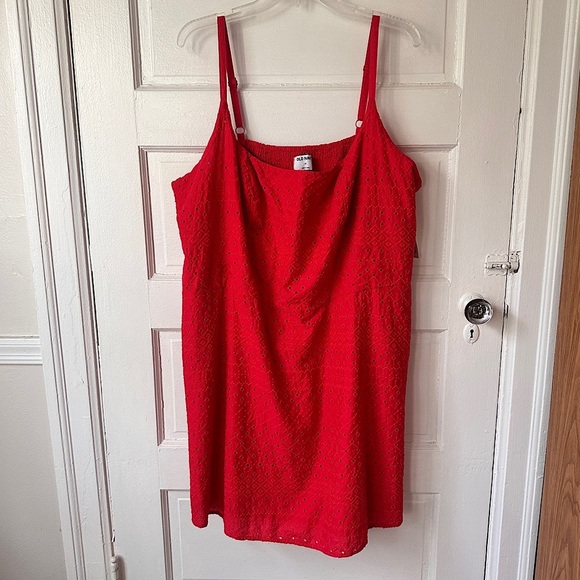 Old Navy Babydoll Mini Dress Embroidered Red Lace Eyelet Smocked Pockets Stretch - Picture 16 of 16